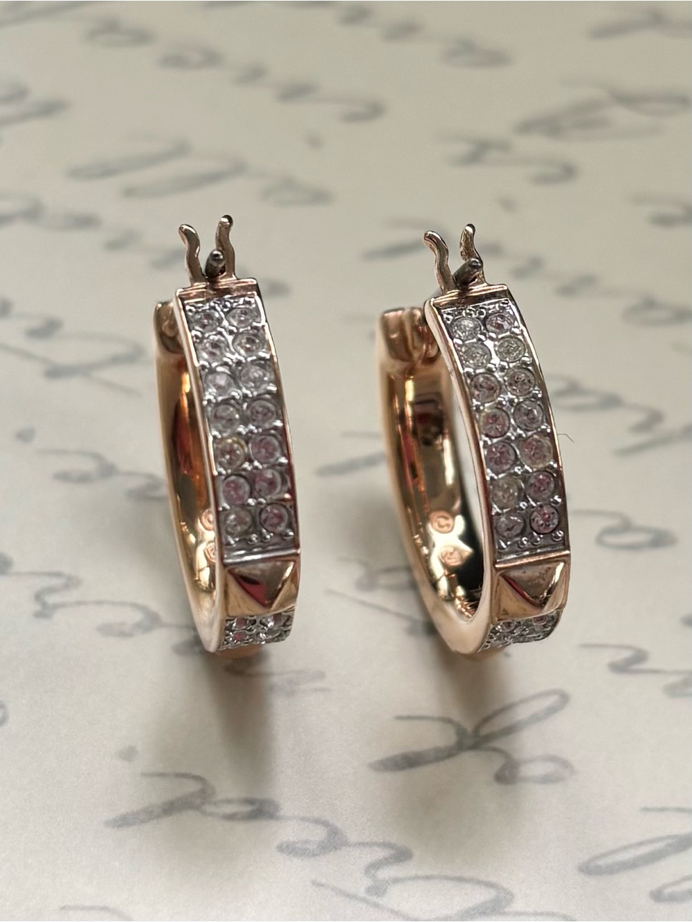 Swarovski Rose Gold Pavé Hoop Earrings with Pyramid Stud Accents